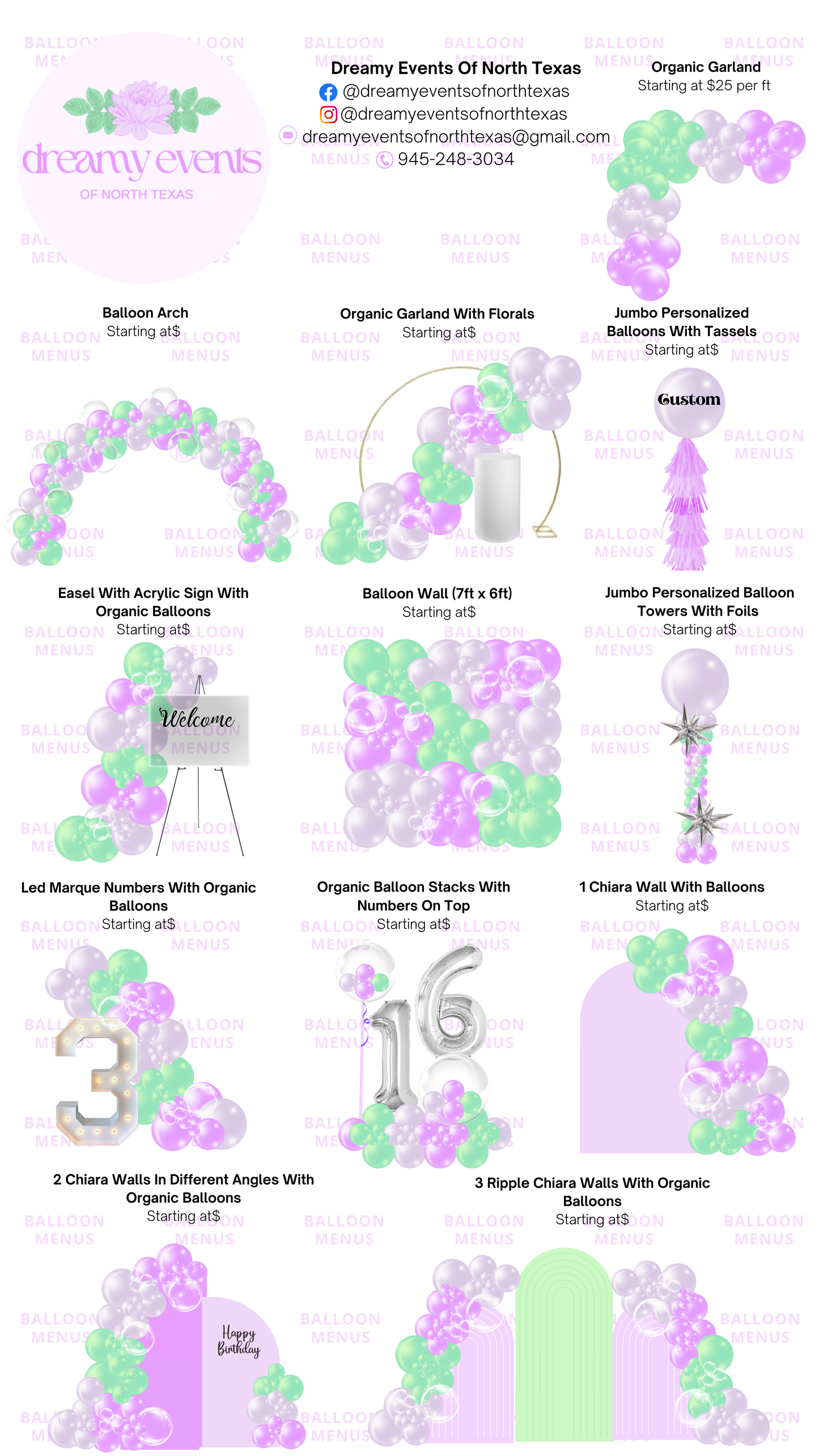 Dreamy Events Of North Texas - Client Balloon Menu