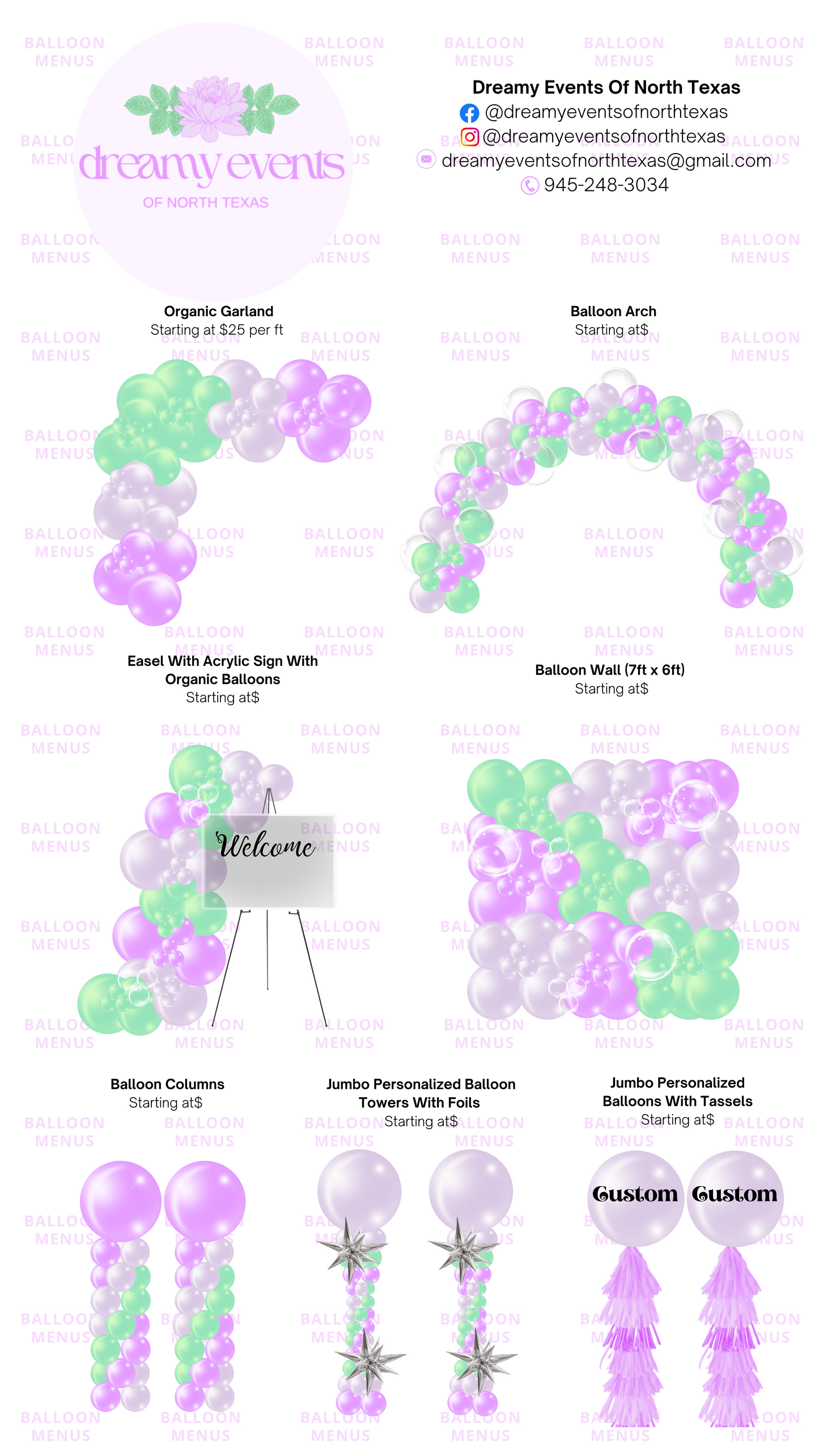 Dreamy Events Of North Texas - Client Balloon Menu