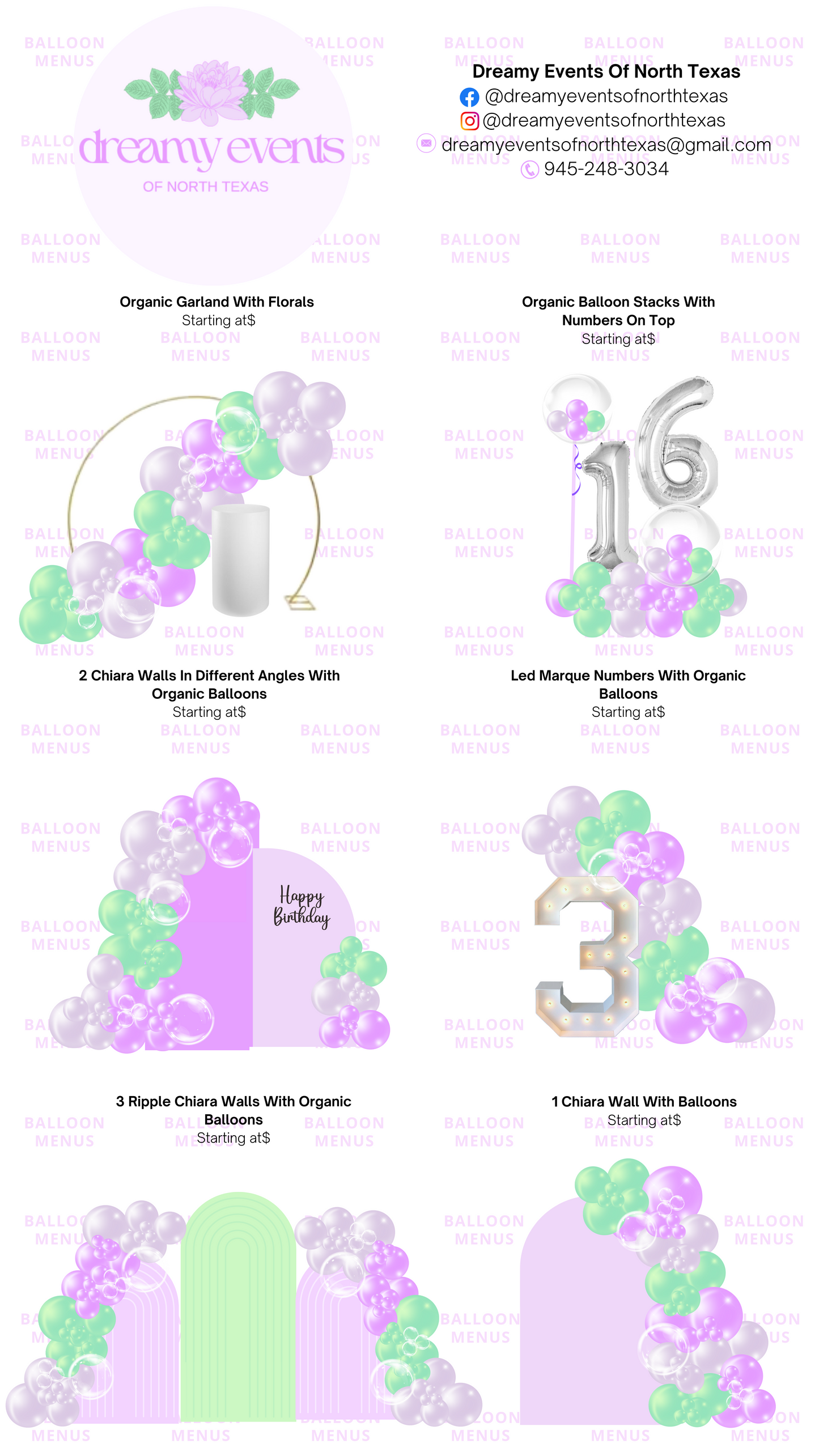 Dreamy Events Of North Texas - Client Balloon Menu