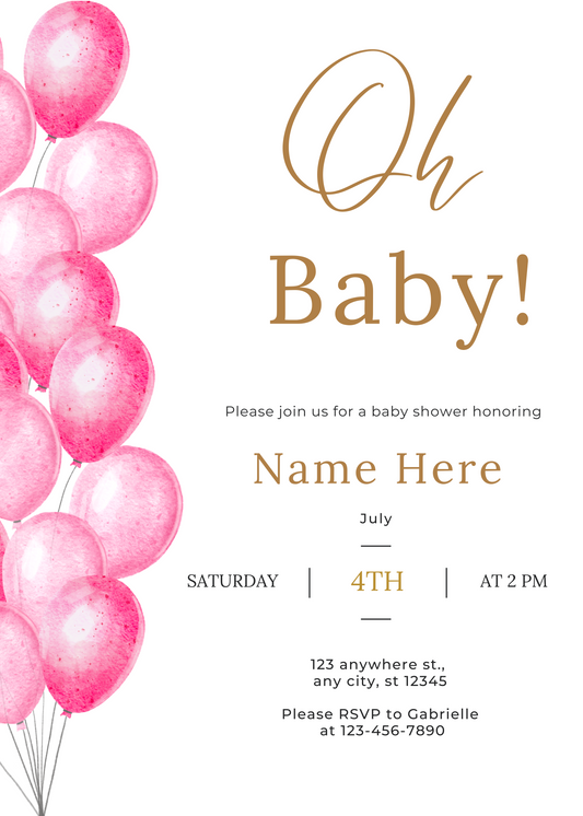 Oh Baby Gold and Pink Balloons Girl Baby Shower Invitation