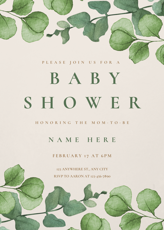 Green And Beige Watercolor Eucalyptus Baby Shower Invitation