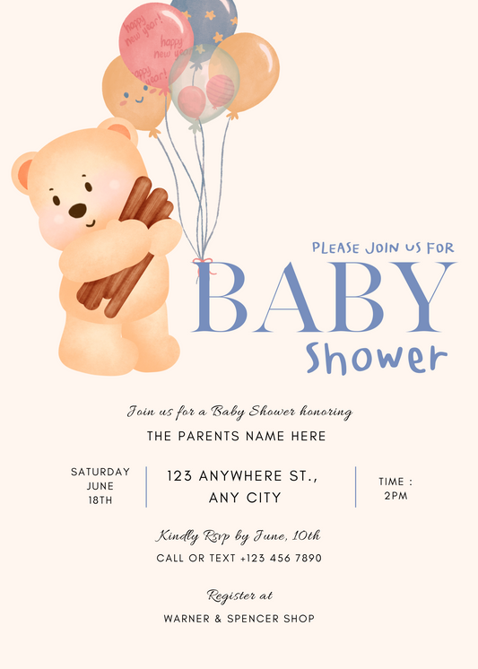 Beige Blue Cute Bear with Balloons Baby shower invitation