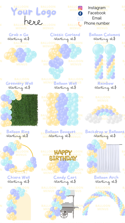 Editable , Printable , Shareable Balloon Menu Template- Periwinkle, Yellow, Blue