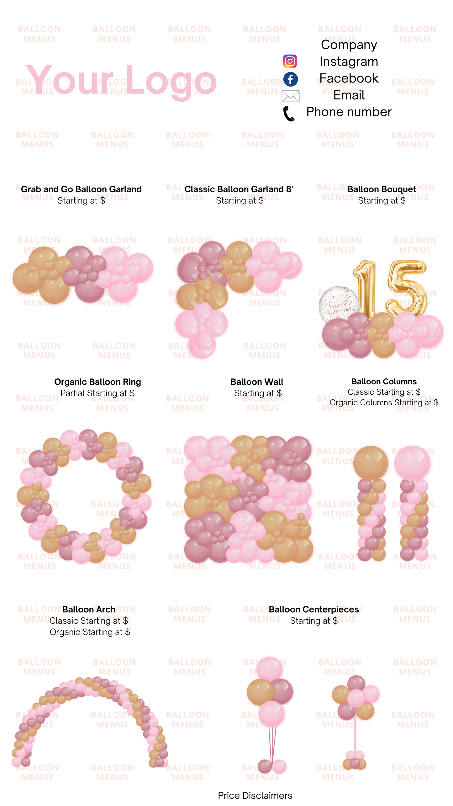 Premade Editable Balloon Menu (Blush , Pink , Dark Beige)