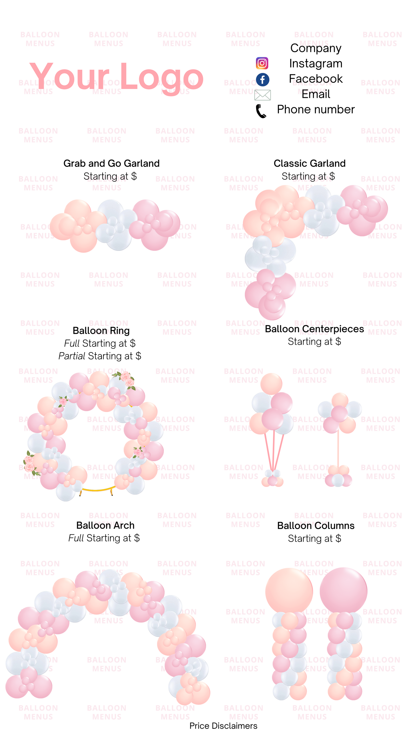 Premade Editable Balloon Menu -Peach , Pink and White