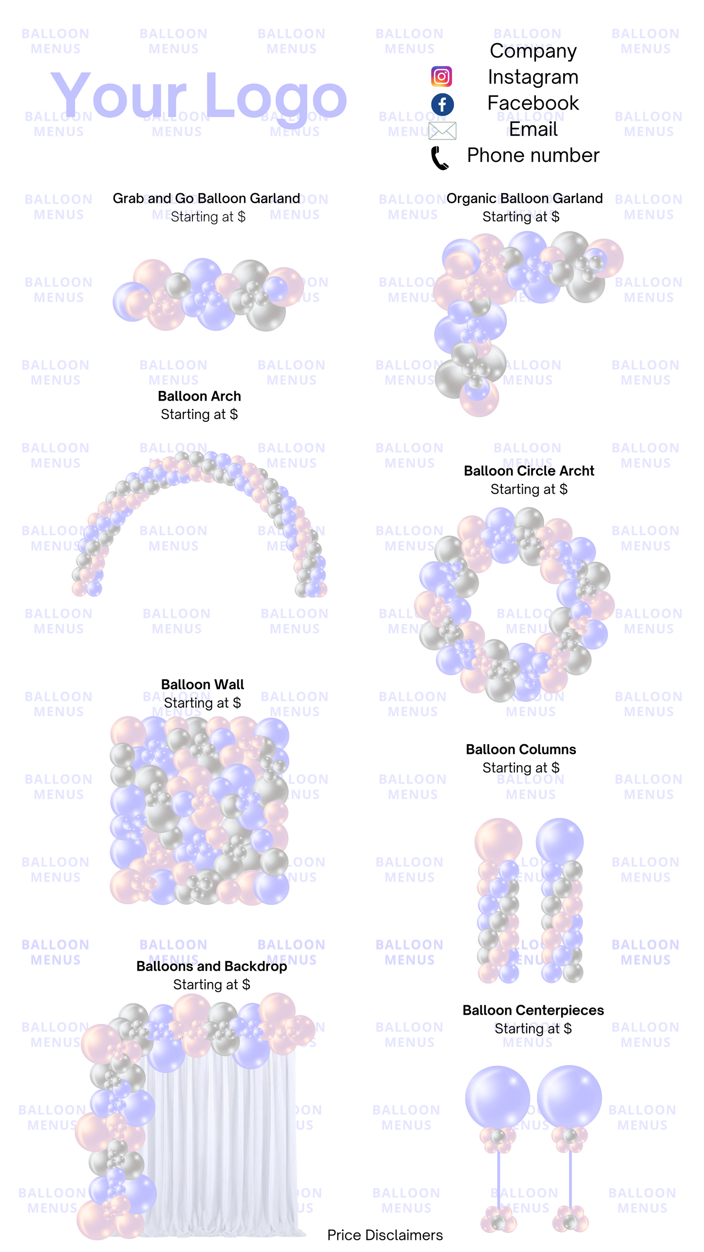 Premade Editable Balloon Menu - Pink, Periwinkle, Silver