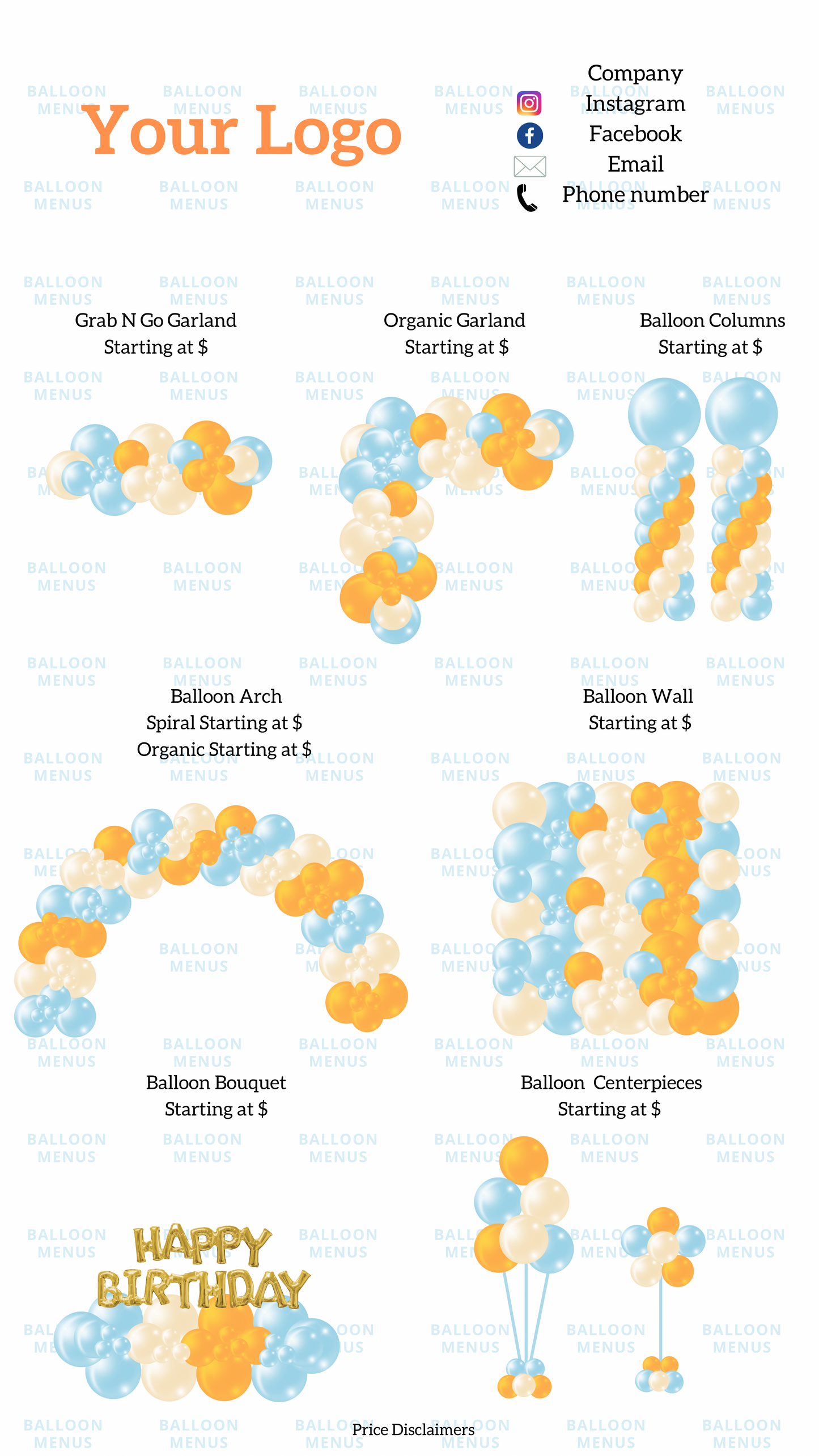 Premade Editable Balloon Menu - Orange, Cream, Blue