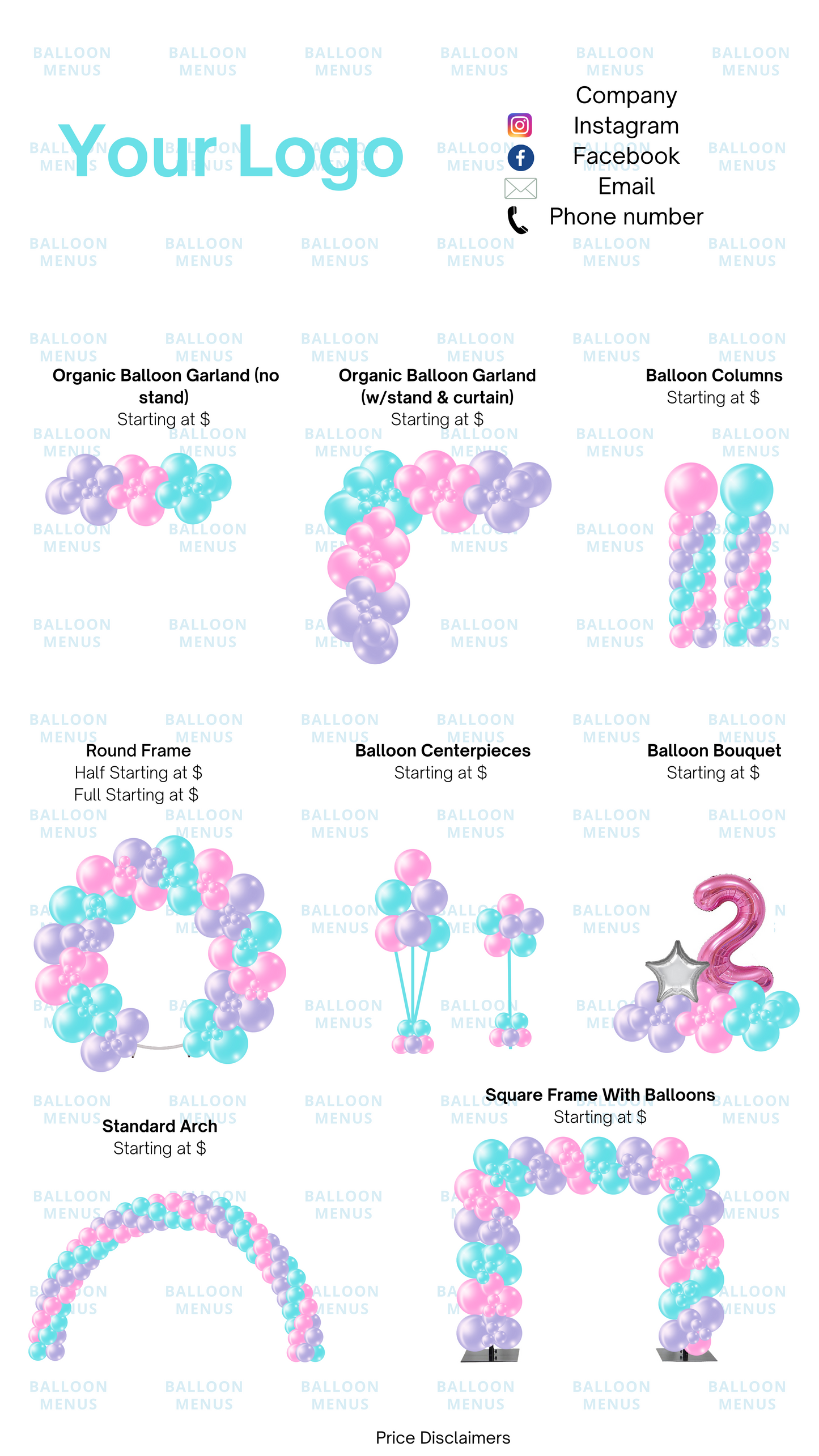 Premade Editable Balloon Menu -Pink , Purple, Turquoise