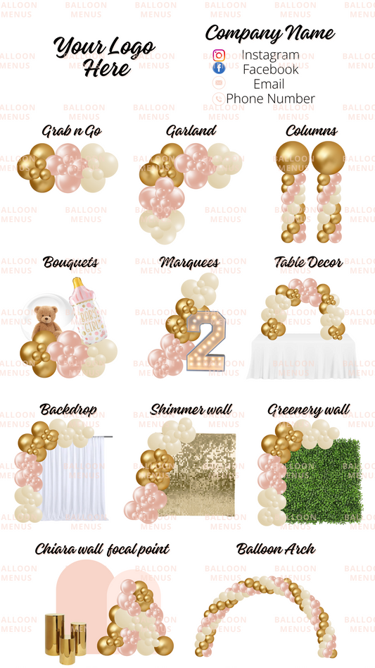 Premade Editable Balloon Menu - Rose Gold, Cream