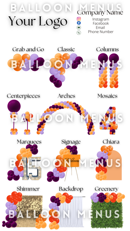 Premade Editable Large Balloon Menu (2 shades of Purple, 3 shades of orange)