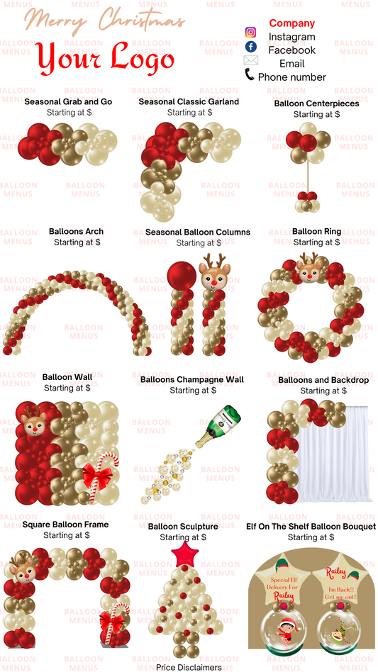 Premade Christmas Editable Balloon Menu, Seasonal - Red, cream, gold