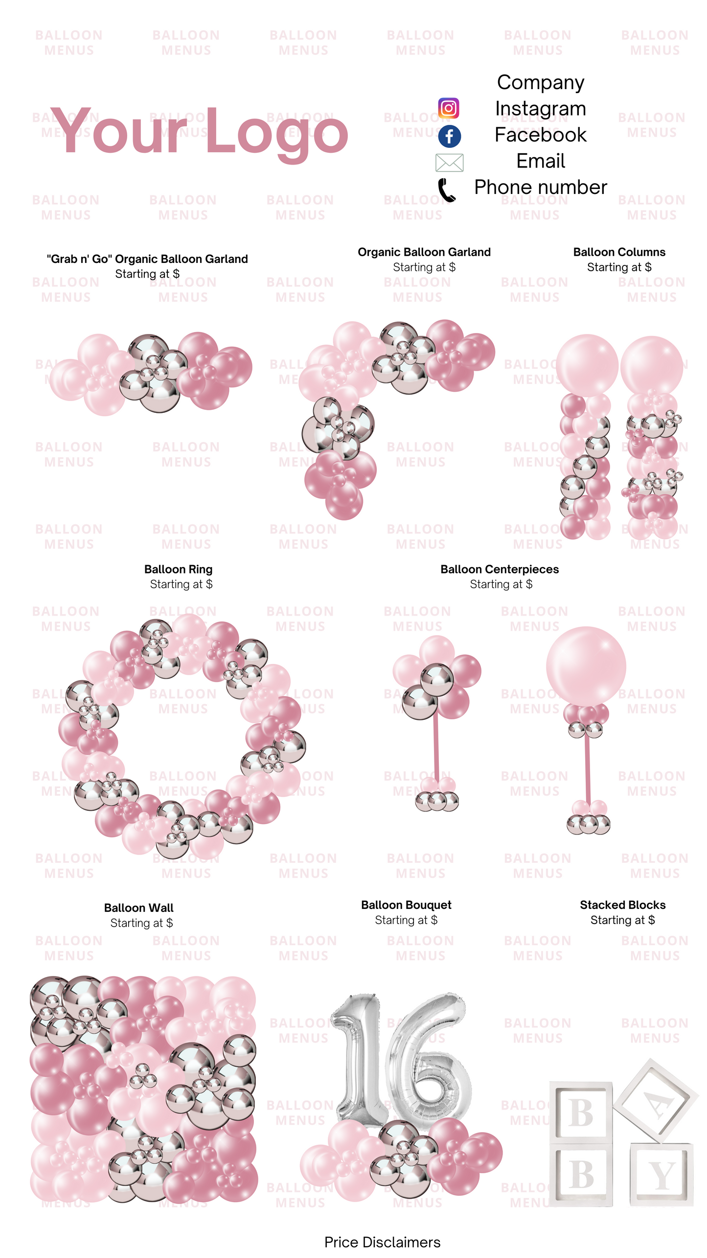 Premade Editable Balloon Menu -Pink ,Blush, Silver