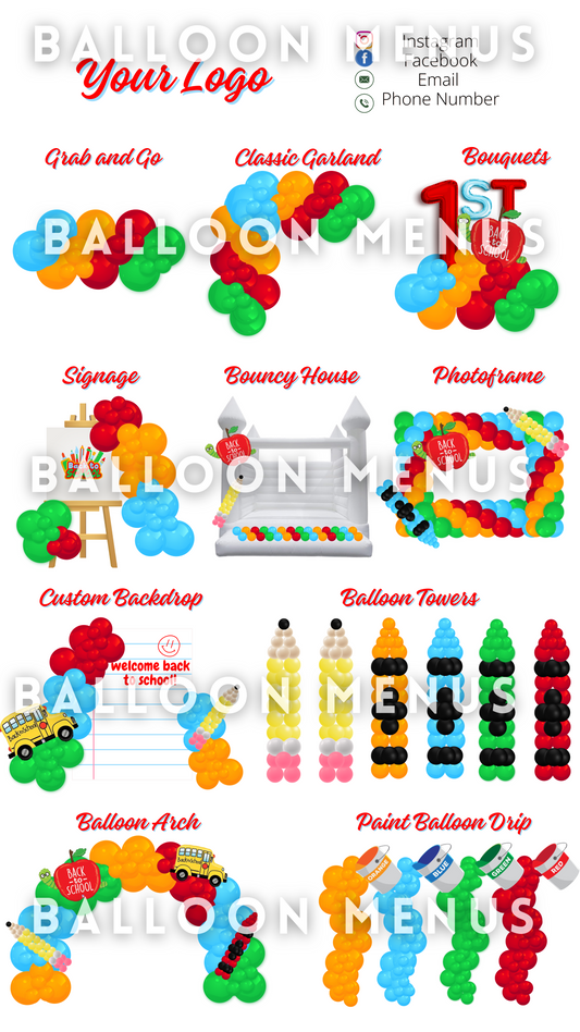 Premade Editable large Balloon Menu - Back to School Theme (Red, Green, Yellow, Blue)