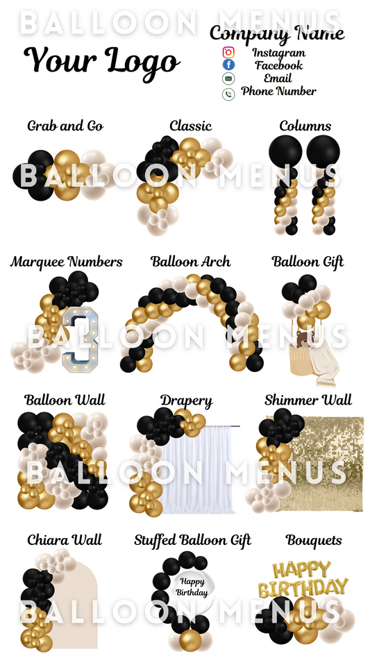 Premade Editable large Balloon Menu (Black , Cream, Gold)