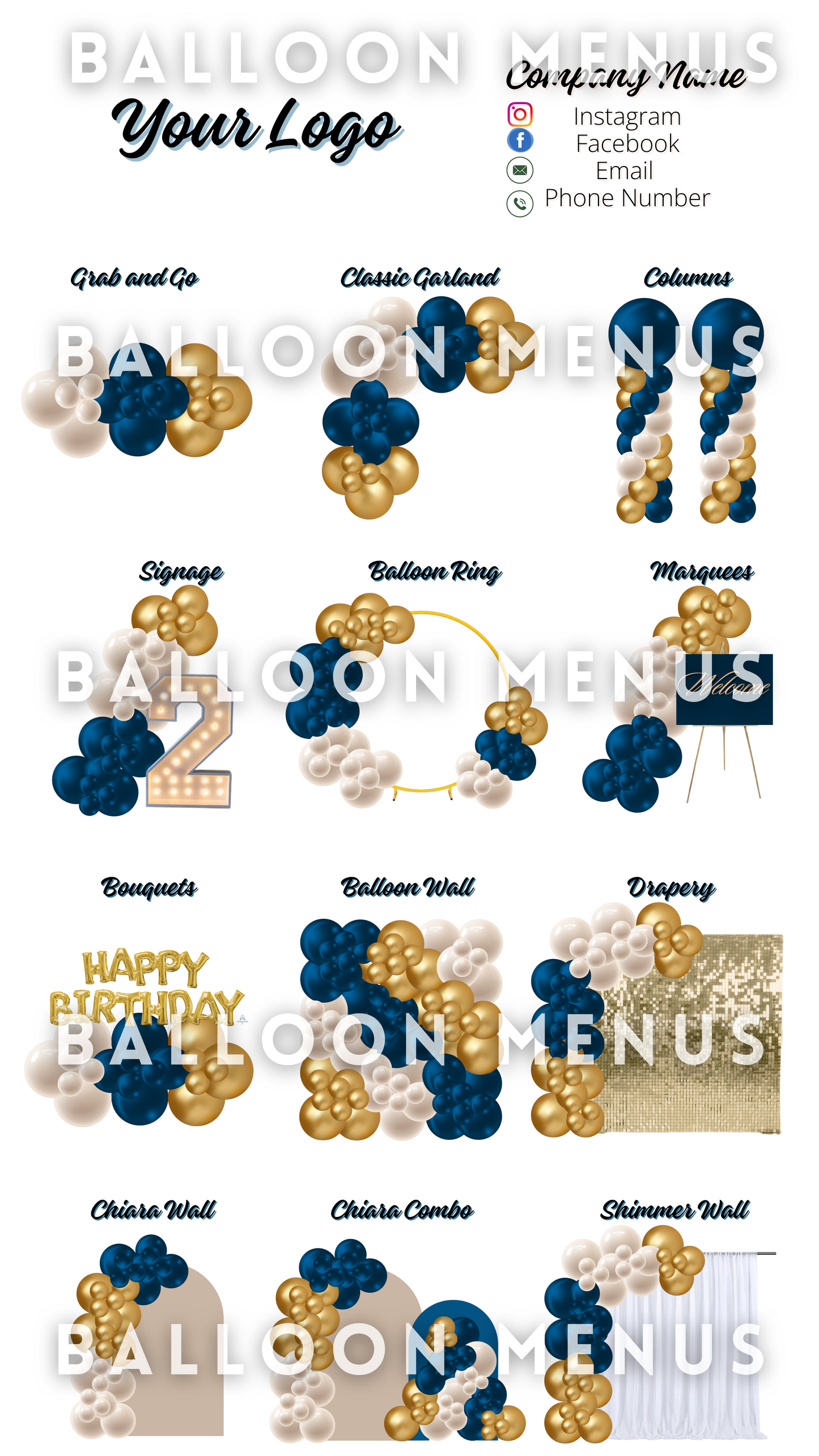 Premade Editable large Balloon Menu (Blue, Cream, Gold)