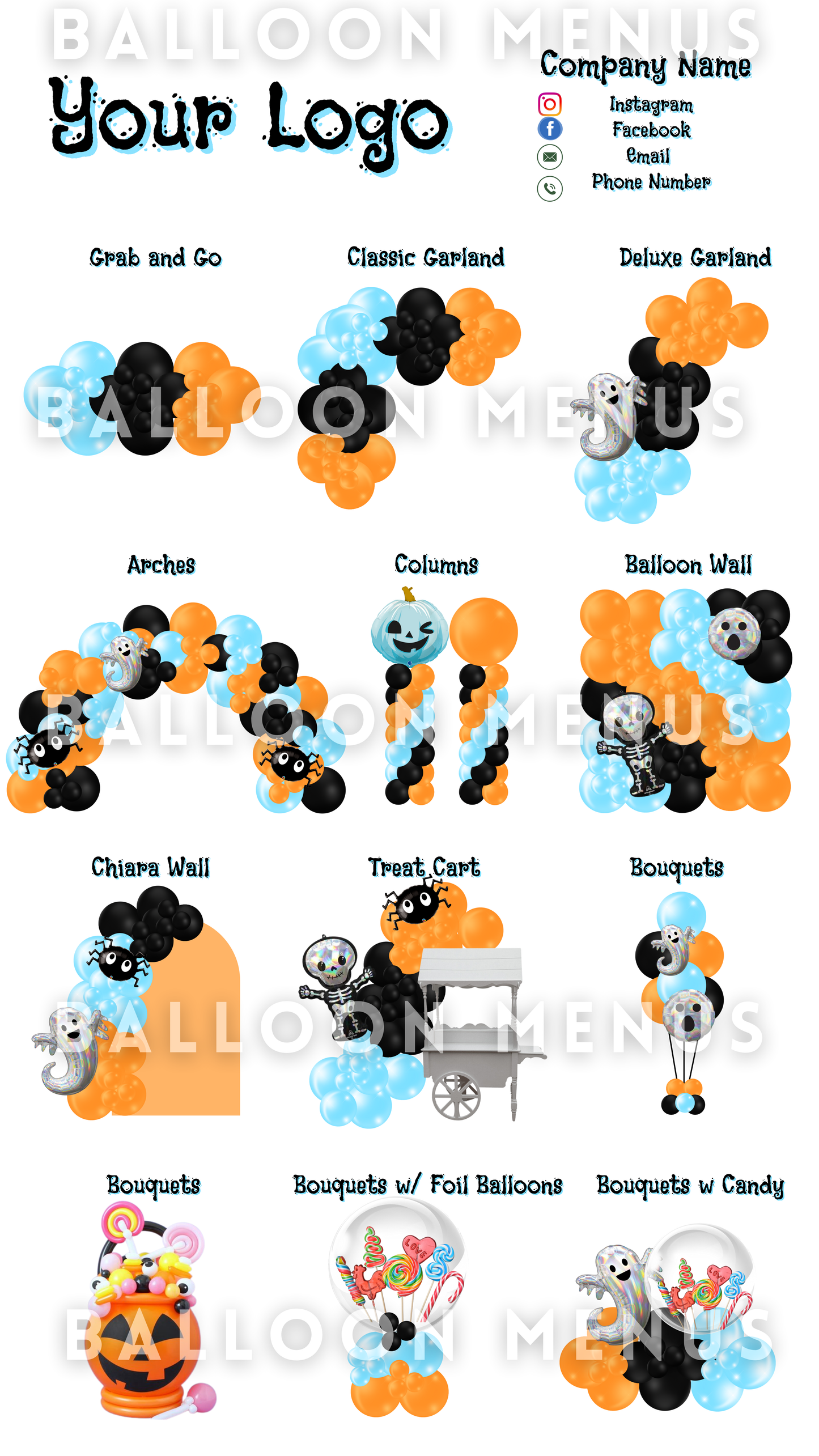 Seasonal Halloween Balloon Menu Template - Editable (Black , Orange and Black)