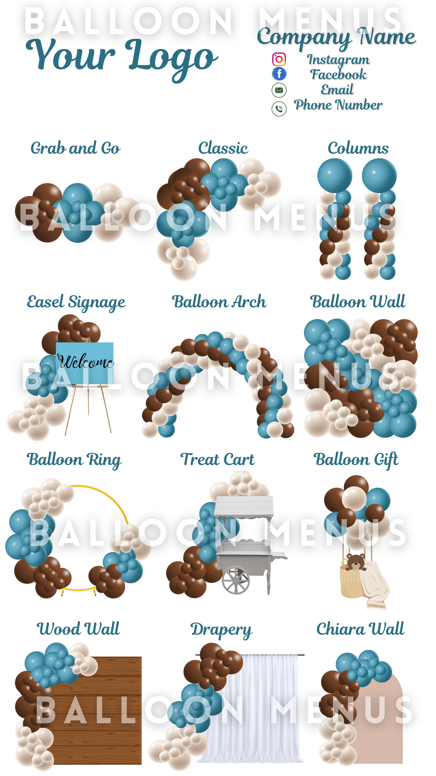 Premade Editable large Balloon Menu (Blue, Brown, Cream)