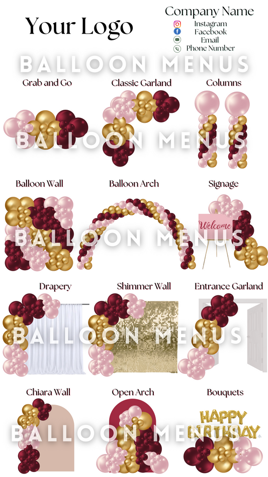 Premade Editable Balloon Menu (Burgundy , Rose Gold , Gold)