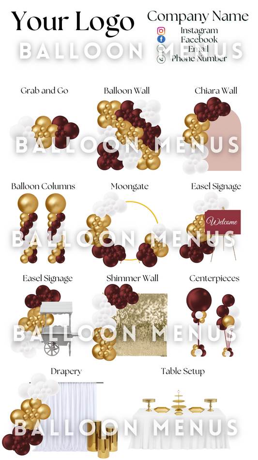 Premade Editable large Balloon Menu (Burgundy, Gold, White)