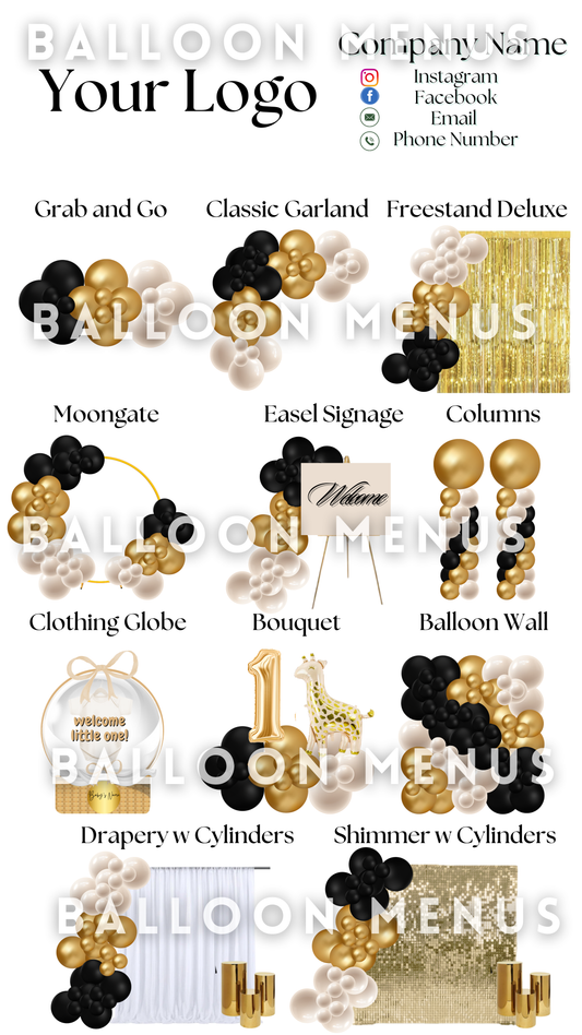 Premade Editable large Balloon Menu (Black, Gold, Cream)