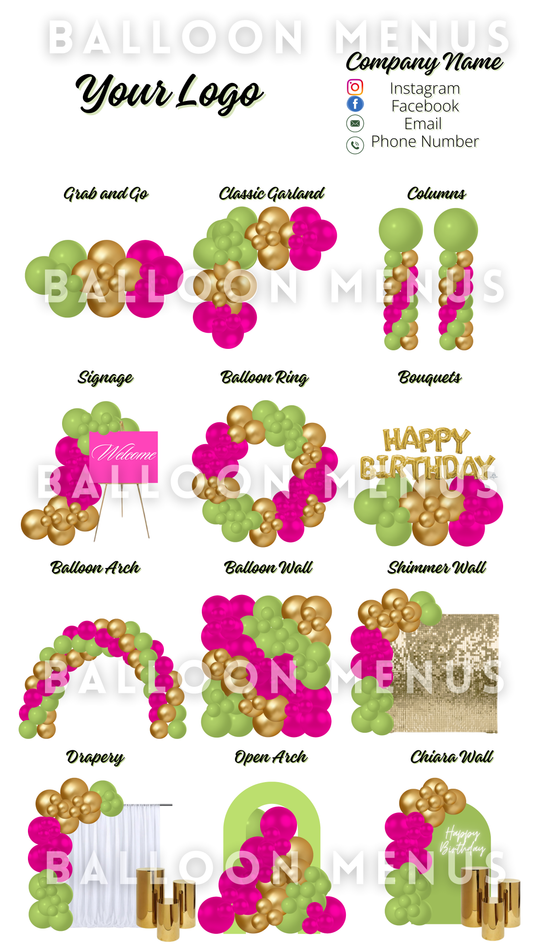 Premade Editable large Balloon Menu (Fuchsia , Green, Gold)