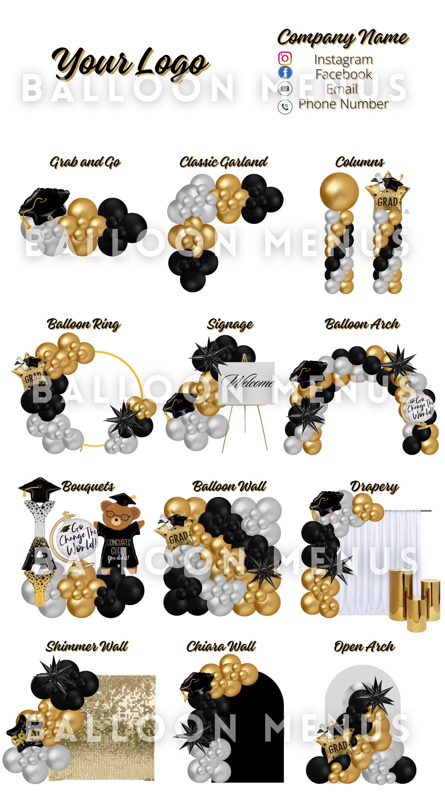 Premade Editable large Balloon Menu Graduations (Black, Silver, Gold)