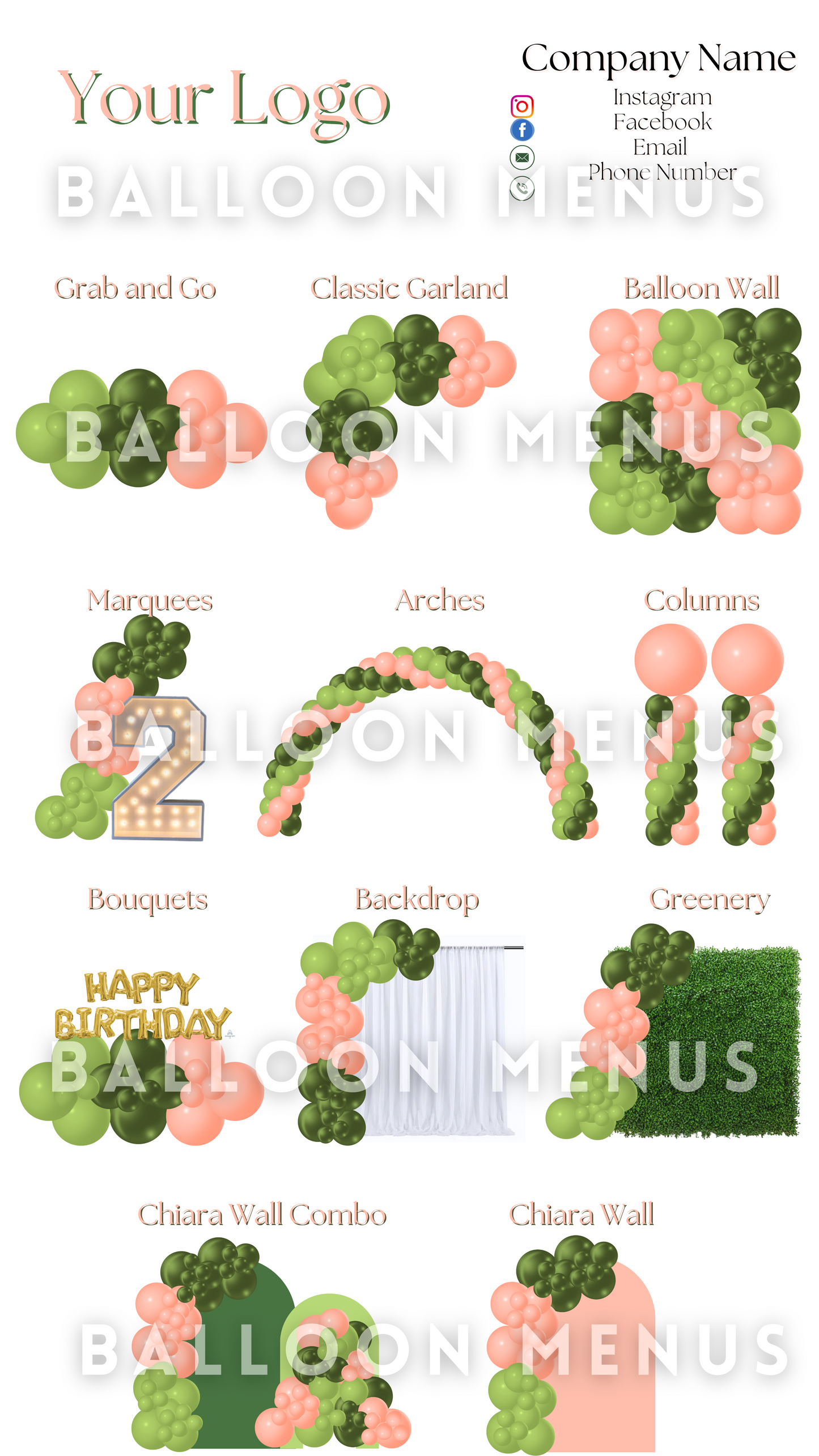 Premade Editable Balloon Menu (Green and Coral)