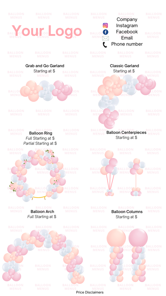 Premade Editable Balloon Menu -Peach , Pink and White