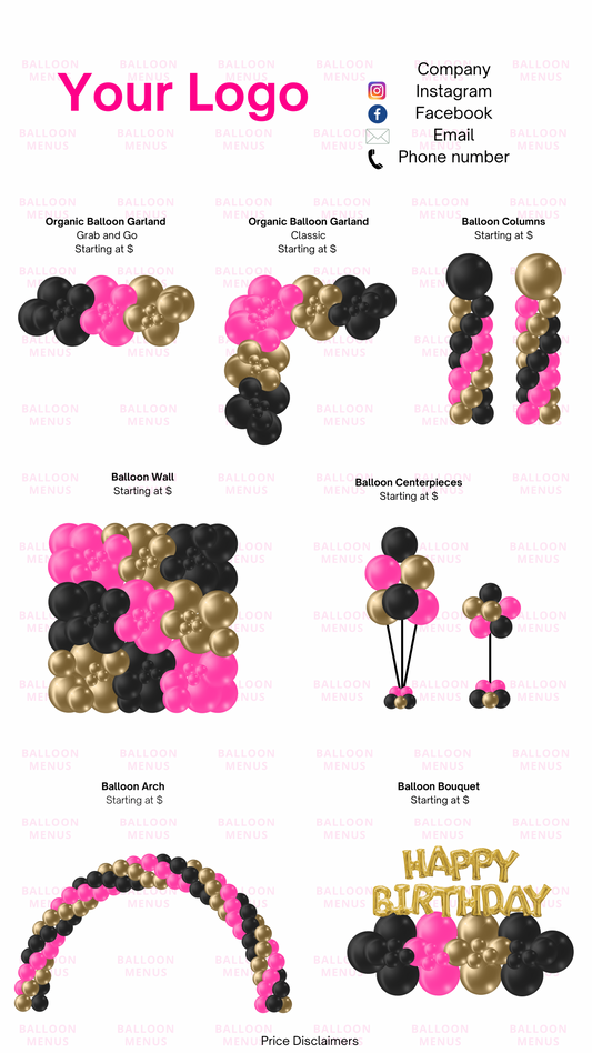 Premade Editable Balloon Menu - Pink, Black, Gold