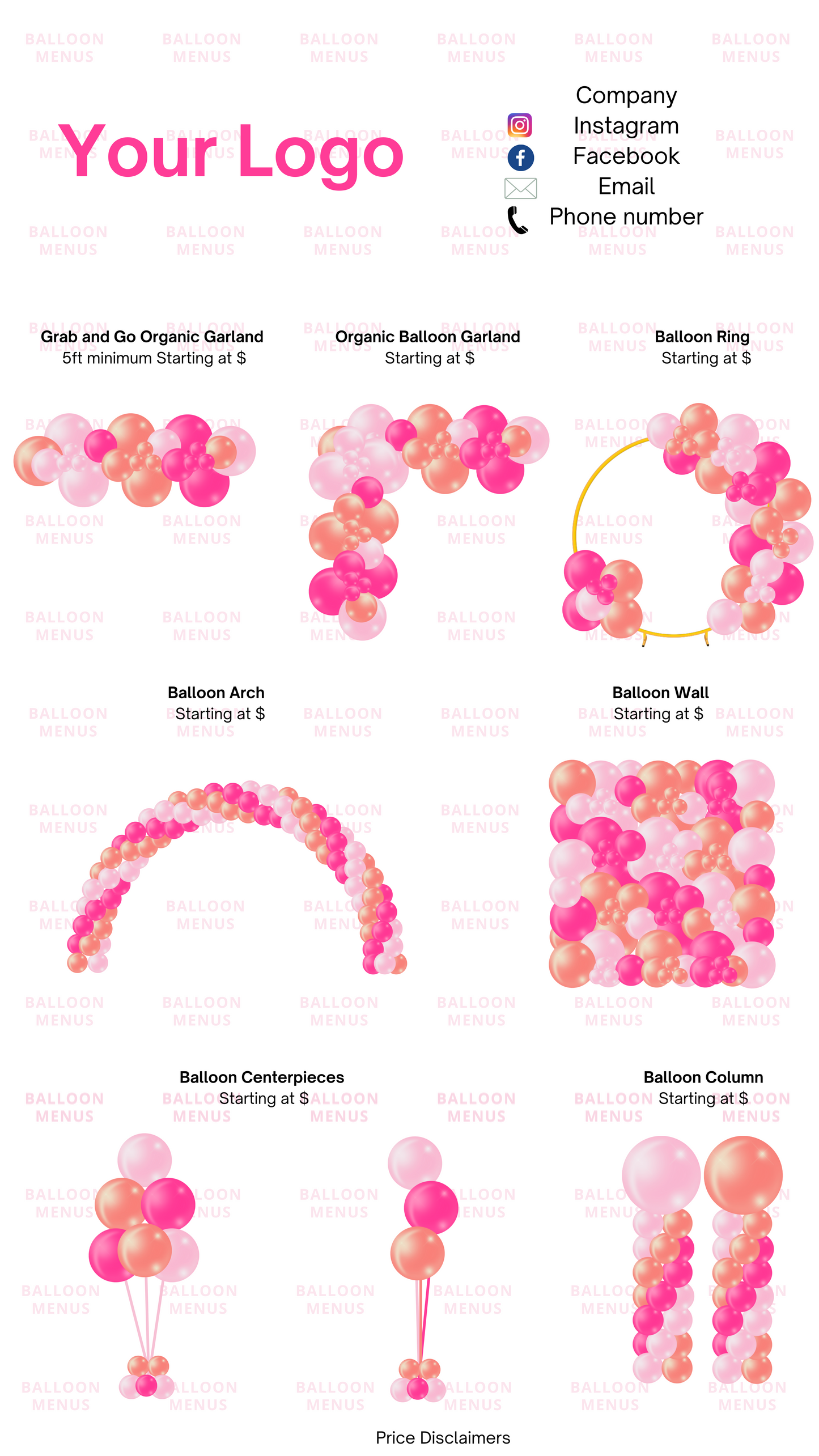 Premade Editable Balloon Menu - Pink, Orange, Hot Pink
