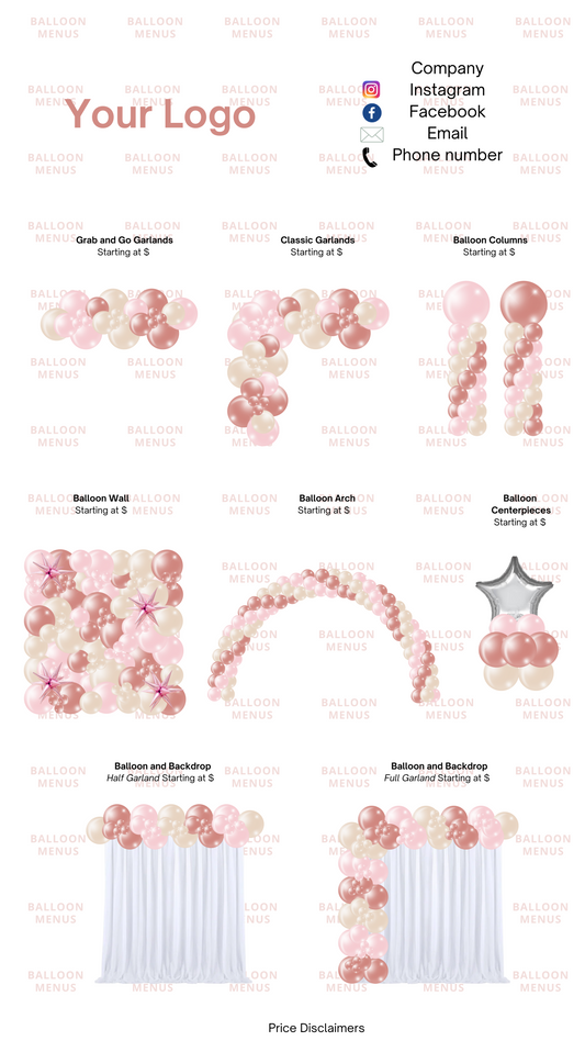 Premade Editable Balloon Menu - Cream, Pink, Blush