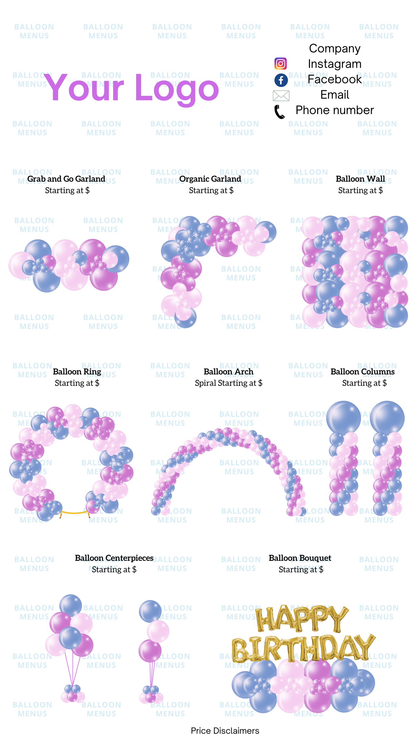 Premade Editable Balloon Menu Template-Pink, Purple, Blue