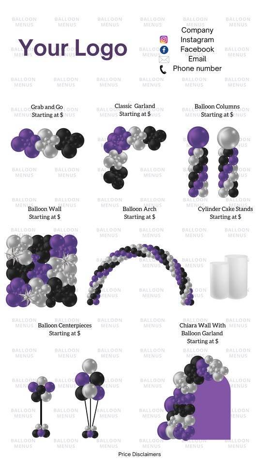 Premade Editable Balloon Menu Template-  Purple, Black, Silver