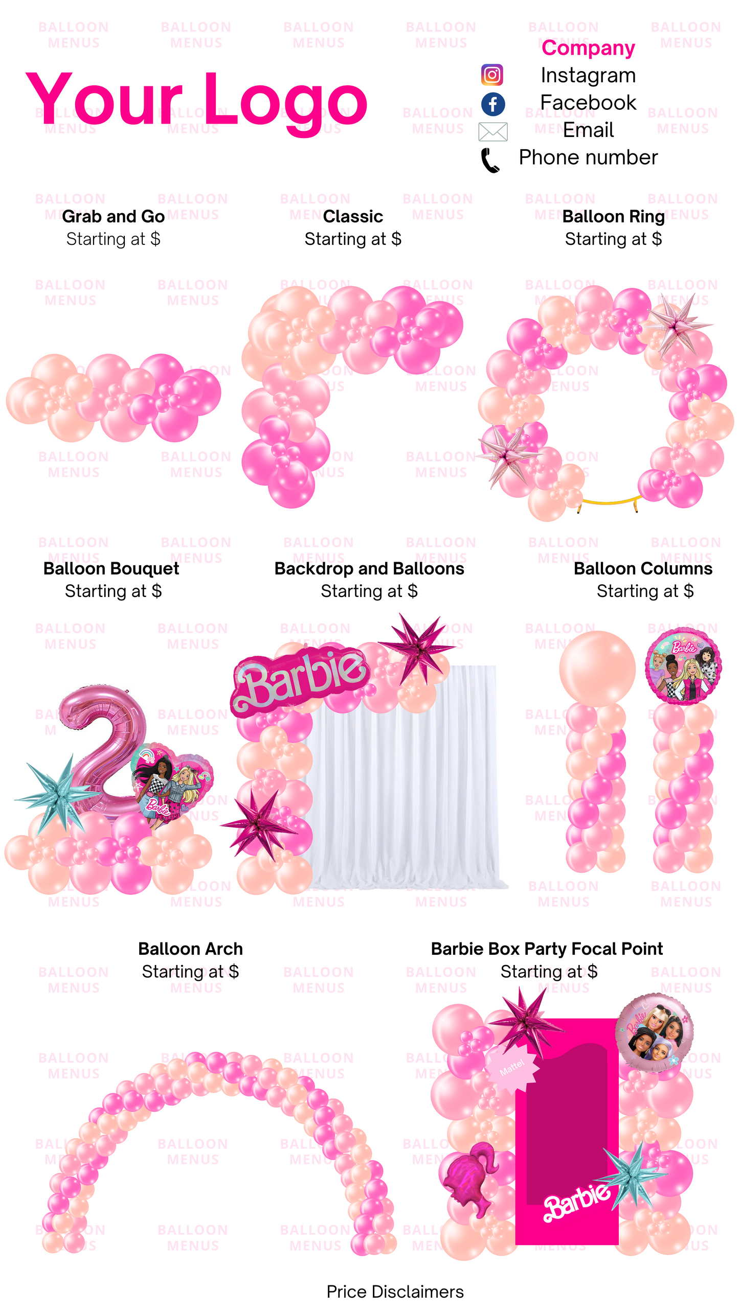 Premade Editable Balloon Menu- Barbie Theme