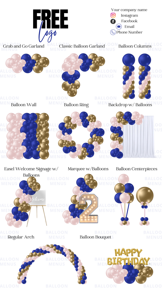 Premade Editable Balloon Menu (Royal Blue , Pink , Gold) Free logo included