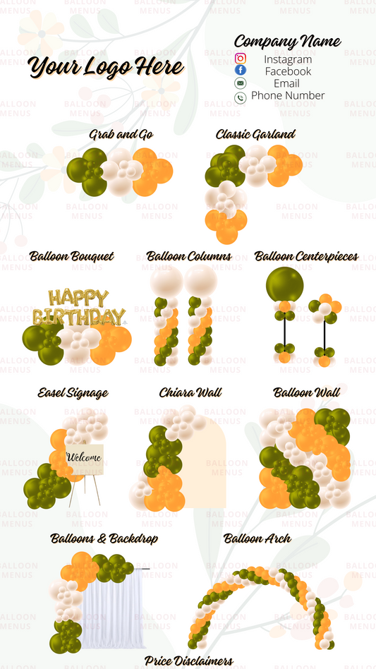 Premade Editable large Balloon Menu (Orange, Green, Cream)