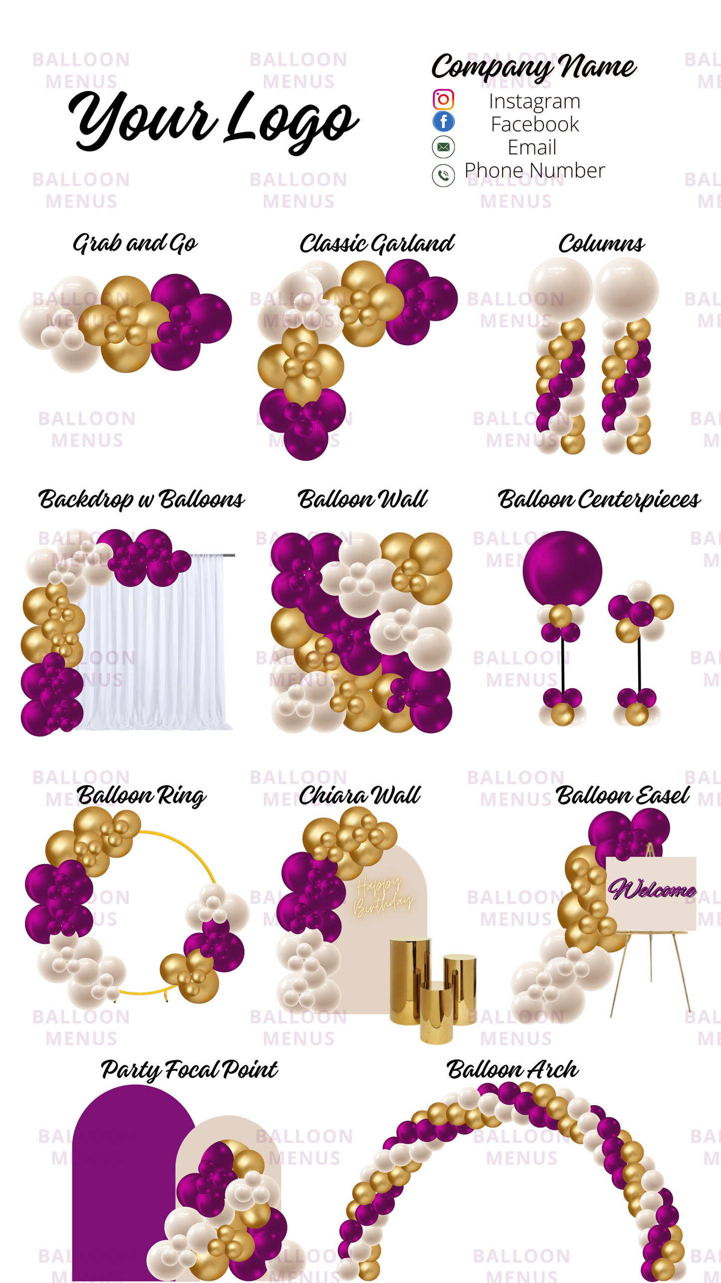 Premade Editable large Balloon Menu (Purple, Gold, Cream)