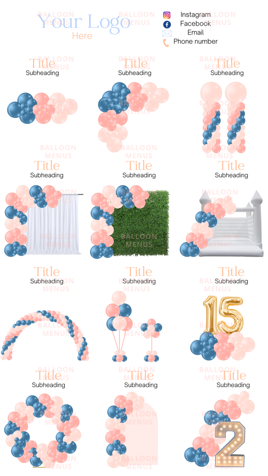 Premade Editable large Balloon Menu (Blue, Peach, Pink)