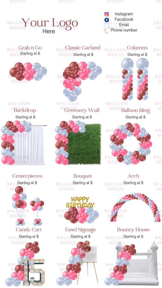 Premade Editable large Balloon Menu (Burgundy, Blue, Pink )