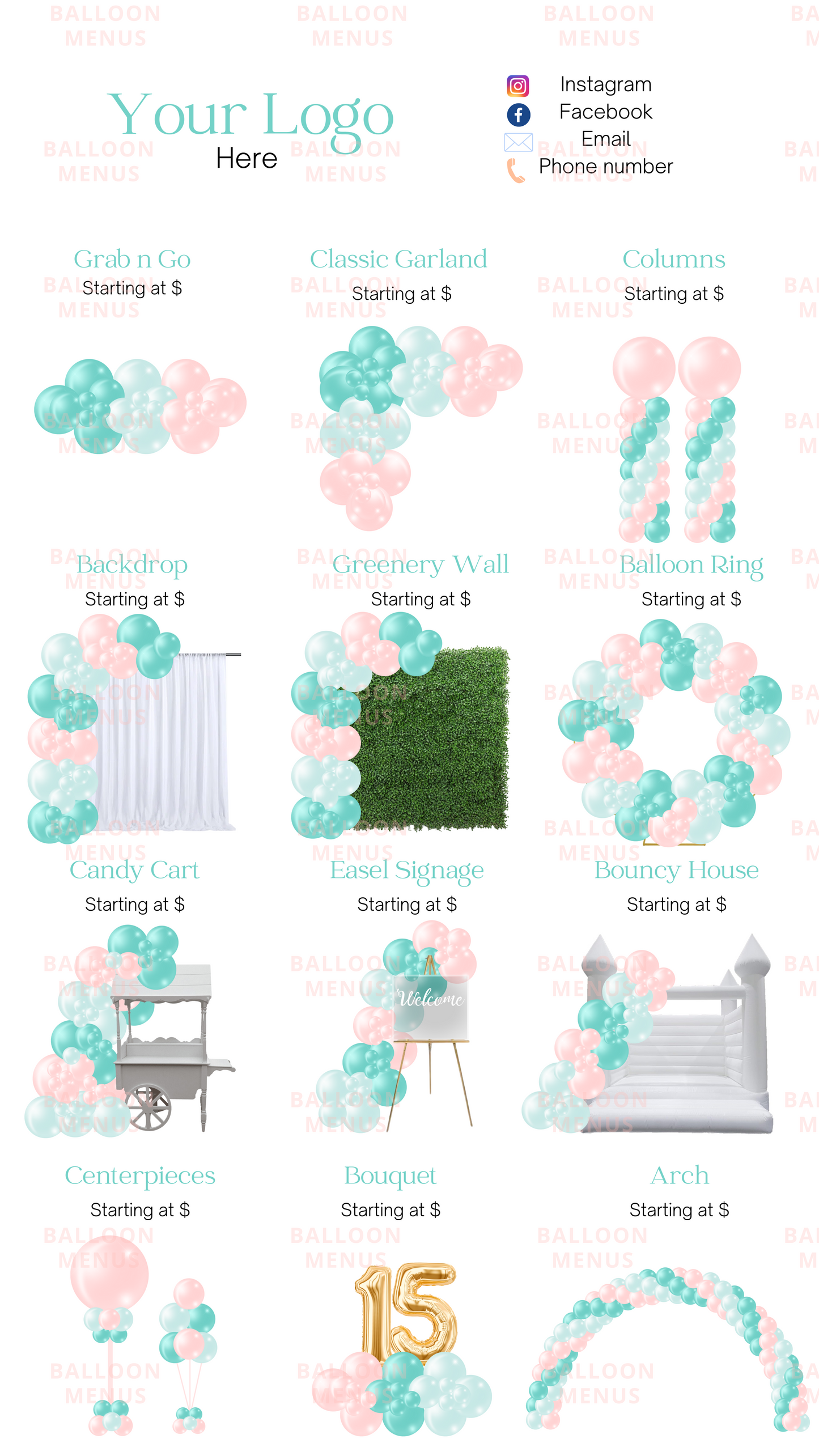 Premade Editable large Balloon Menu (Mint, Pink )