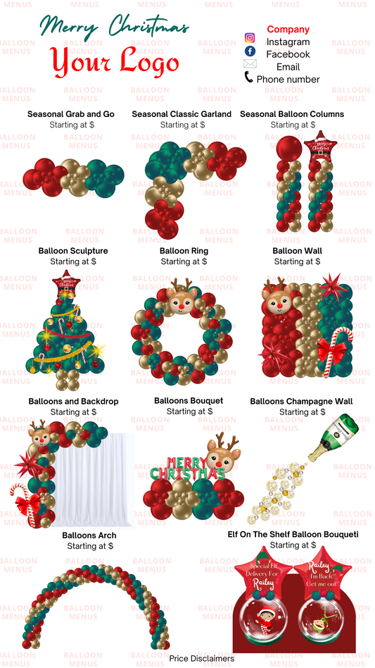 Premade Christmas Editable Balloon Menu, Seasonal - Red, green, gold