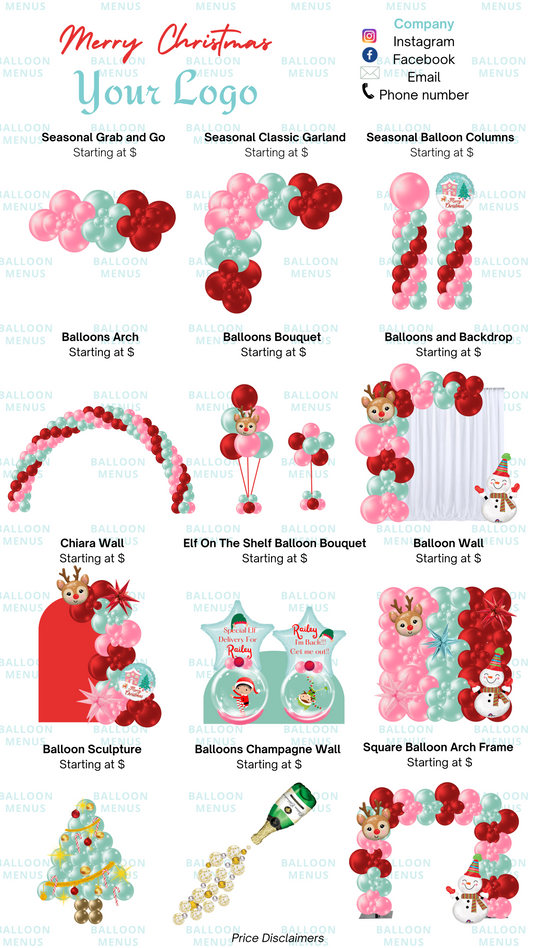 Premade Christmas Editable Balloon Menu, Seasonal - Red, pink, mint