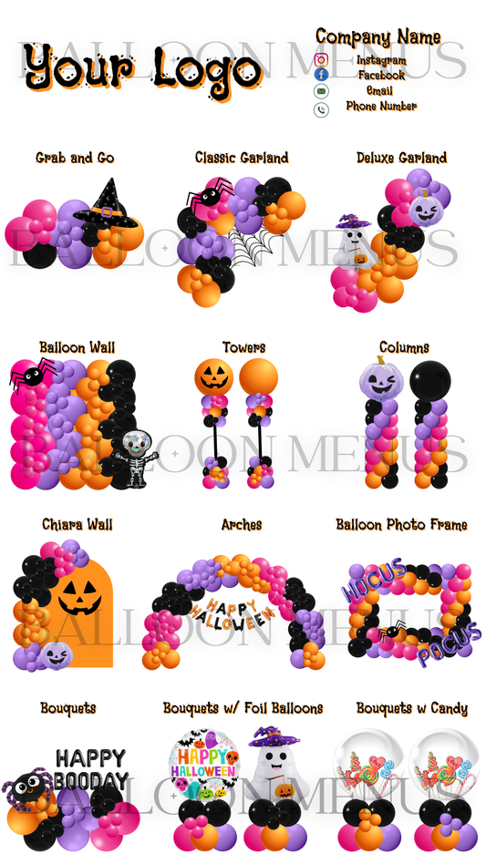 Seasonal Halloween Balloon Menu Template - Editable (Purple , Orange , Hot Pink and Black)