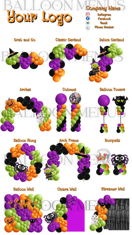 Seasonal Spooky Halloween Balloon Menu Template-Editable (Lime green, Purple, Orange and Black)