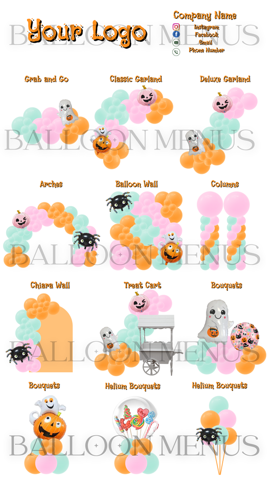 Seasonal Spooky Halloween Balloon Menu Template-Editable (Mint, Pink, Orange)