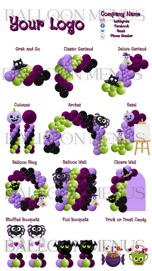 Seasonal Spooky Halloween Balloon Menu Template-Editable (Lime green, Purple and Black)