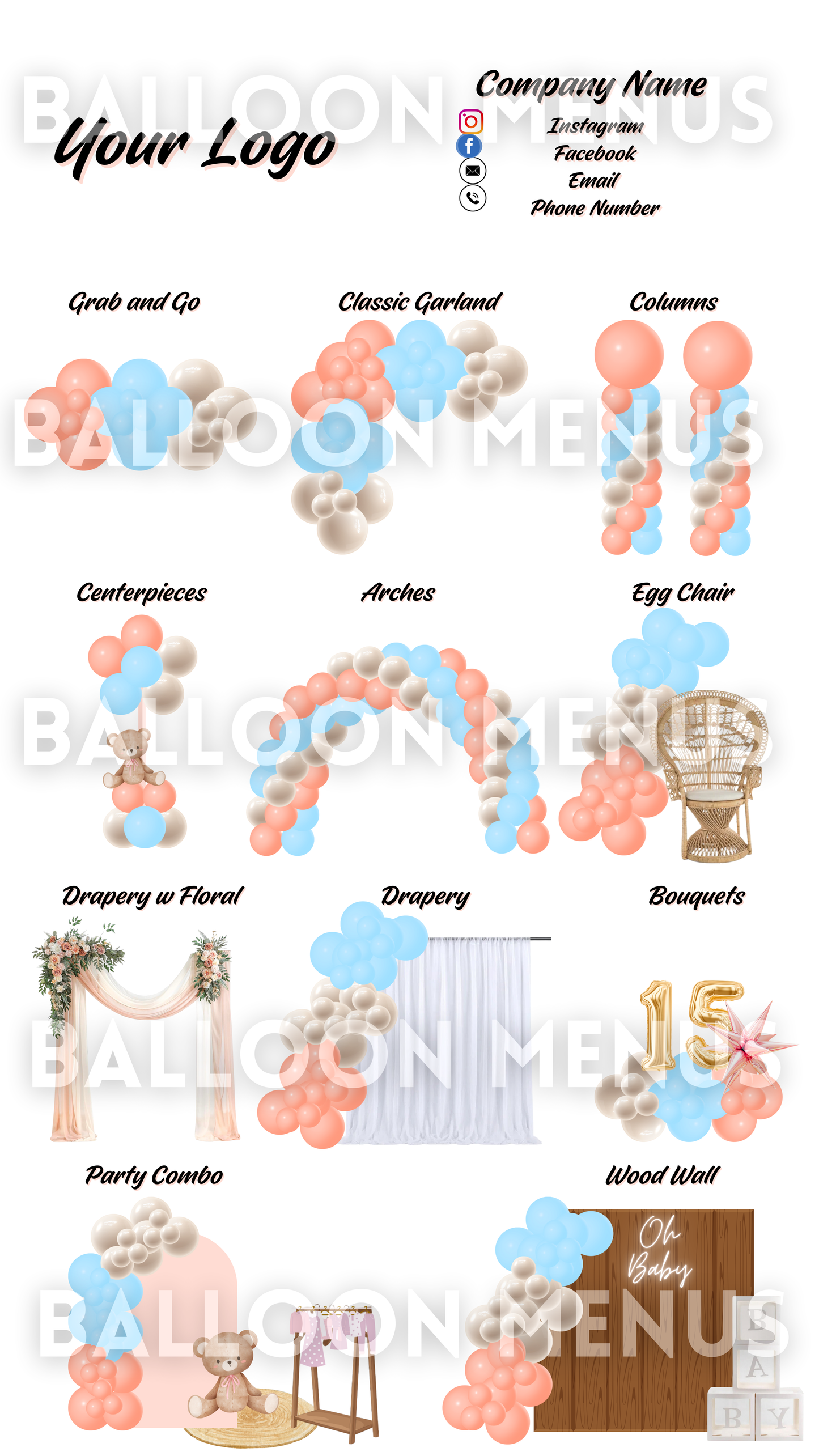 Premade Editable large Balloon Menu (Coral, Blue, Cream)