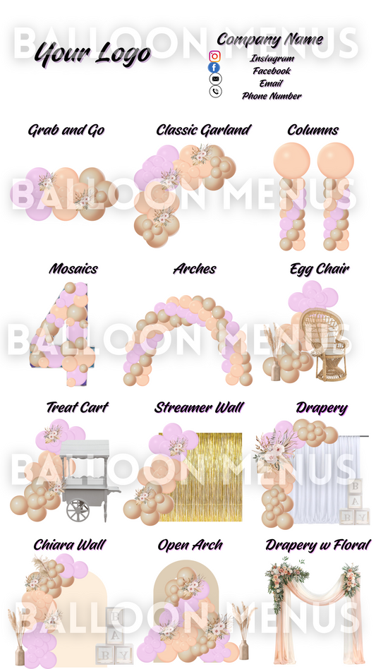 Premade Editable large Balloon Menu (Lavender, Peach, Brown)