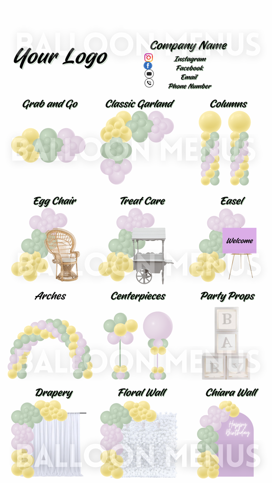 Premade Editable large Balloon Menu ( Lavender, Soft Yellow and Sage Green)