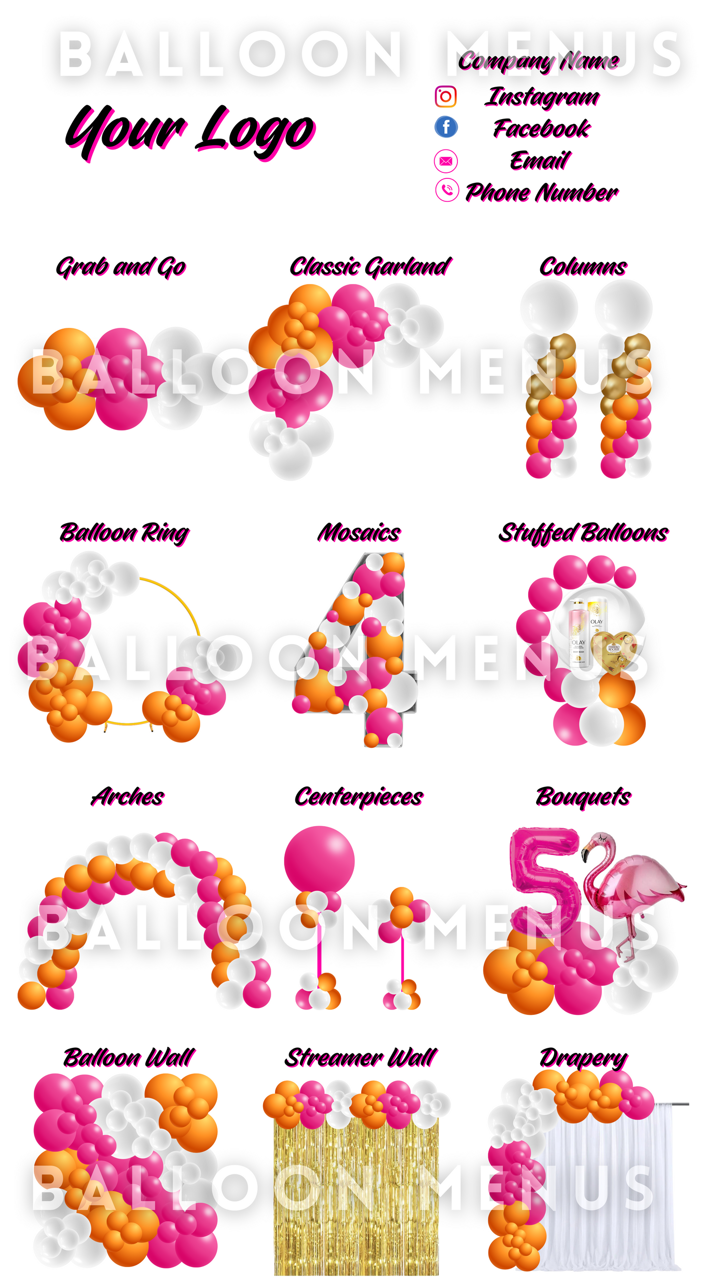 Premade Editable large Balloon Menu(Pink, Orange, White)